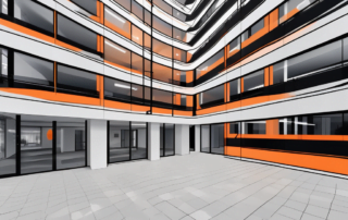 an empty room with orange and black windows